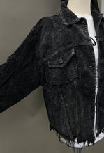 Load image into Gallery viewer, Mannequin is wearing a black distressed corduroy shacket. 
