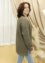 Load image into Gallery viewer, Model is wearing a mocha colored waffle knit top. 
