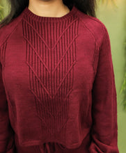 Load image into Gallery viewer, Model is wearing a burgundy sweater and sweater skirt set. 

