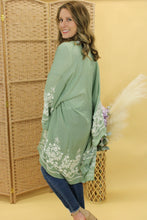 Load image into Gallery viewer, model is wearing a sage color kimono.
