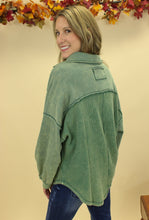 Load image into Gallery viewer, Model is wearing a green shacket. 
