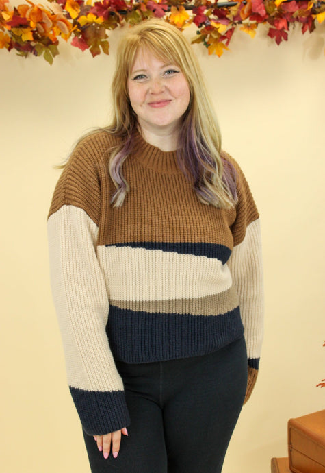 Model is wearing a color block sweater. 