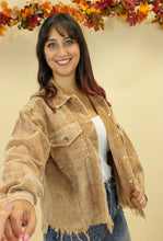 Load image into Gallery viewer, Model is wearing a beige color corduroy jacket. 
