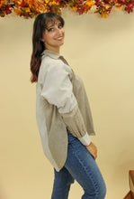 Load image into Gallery viewer, Model is wearing a button up pinstripe top. 
